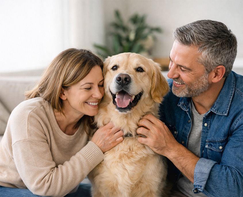 Couple with dog in living room